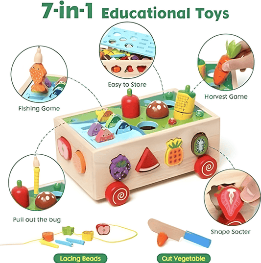 Wooden Fruit Car – 7-in-1 Educational Activity Toy 🚗🍎🥕